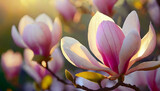 Piękne różowe kwiaty Magnolii, złota godzina. Tapeta, dekoracja. Generative AI