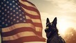 Landscape shot featuring the silhouette of a military man and a service German Shepherd against the backdrop of the US flag, a poignant image for Veterans Day.