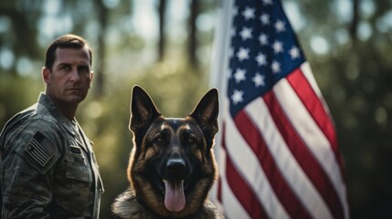 Wall Mural - Landscape view featuring the strong bond between a military man and his service German Shepherd, standing proudly in front of the US flag on Veterans Day.