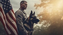Panorama Illustrating The Honor And Sacrifice Of Veterans With The Back Of A Military Man And Service German Shepherd, The US Flag Serving As A Poignant Background.