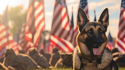 Wall Mural - Panorama illustrating the dedication of a military man and his loyal service German Shepherd against the backdrop of the US flag, a tribute for Veterans Day.