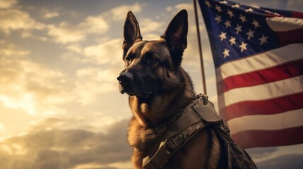 Wall Mural - Panorama illustrating the honor and sacrifice of veterans with the back of a military man and service German Shepherd, the US flag serving as a poignant background.