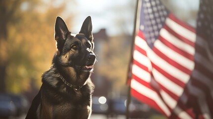 Wall Mural - Panoramic view highlighting the dedication of a military man and service German Shepherd on Veterans Day, the US flag waving in the background.