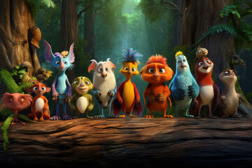 A group of small cute colorful cartoon beast monsters in the forest
