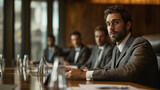 Fototapeta  - A successful young business professional in a sleek suit, leading a meeting in a contemporary office boardroom
