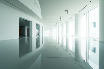 Poster - A long hallway filled with natural light streaming in through numerous windows. Perfect for interior design or architectural projects