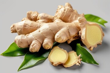Poster - A close up view of sliced ginger on a table. Can be used to depict ingredients in cooking or as a natural remedy for various ailments