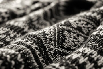 Aufkleber - A black and white photo of a knitted blanket. Versatile and cozy, this picture can be used to depict warmth, comfort, or home decor in various projects