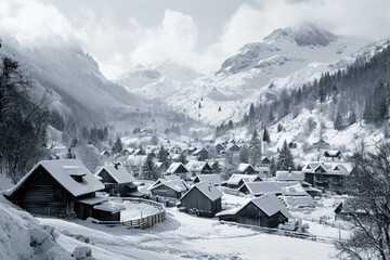 Poster - A black and white photo of a village nestled in the mountains. Perfect for travel brochures or articles about mountain life