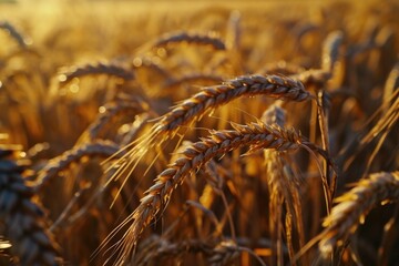 Poster - A close-up view of a bunch of wheat in a field. This image can be used to depict agriculture, farming, harvest, or natural beauty