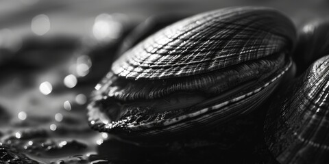 Poster - A black and white photo of a clam shell. Suitable for various artistic and design purposes