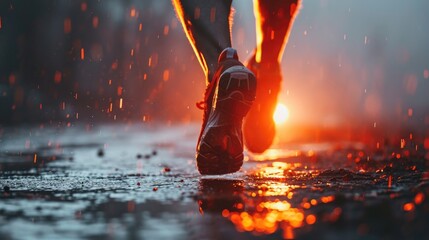 Poster - A person walking in the rain at sunset. Perfect for illustrating solitude and reflection. Can be used for various themes and concepts