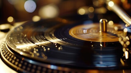 Aufkleber - A close up view of a record spinning on a turntable. Perfect for music enthusiasts and vintage lovers.