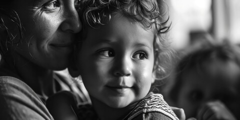 Poster - A black and white photo capturing the bond between a woman and a child. Perfect for illustrating the beauty of motherhood and the special connection between a mother and her child