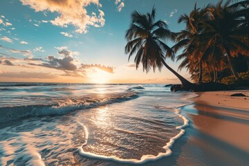 Poster - A beautiful sunset scene over the ocean with palm trees. This image can be used to create a tropical or serene atmosphere in various projects