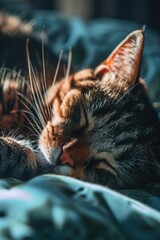 Aufkleber - A close up view of a cat peacefully sleeping on a bed. Perfect for pet lovers and relaxation-themed designs
