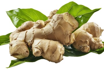 A pile of ginger root with leaves on a white background. Perfect for culinary or natural health-related projects