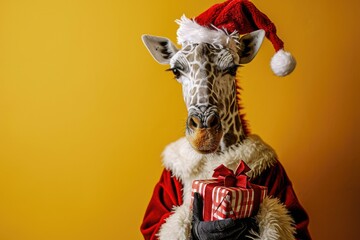 Aufkleber - A festive image featuring a giraffe dressed as Santa Claus holding a present. Perfect for holiday-themed designs and Christmas promotions