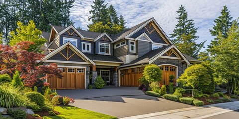 Poster - A large house with a well-maintained front yard filled with numerous trees. Perfect for real estate advertisements or landscaping inspiration
