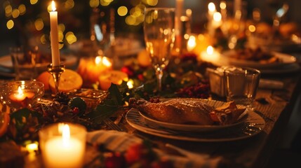 Poster - A table set with candles and plates of food. Perfect for dinner parties or romantic occasions