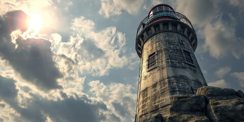 Poster - A lighthouse with a red light on top. Can be used to symbolize guidance, safety, or navigation