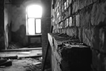 Poster - A black and white photo of a brick wall. Suitable for architectural projects and urban themes