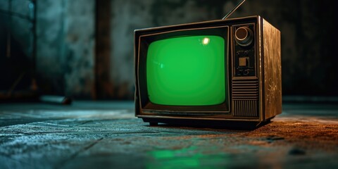 Aufkleber - An old television with a green screen sitting on the floor. Perfect for adding your own content or using as a prop in a retro setting