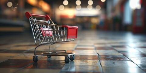 Poster - A shopping cart sitting on a tiled floor. Suitable for e-commerce, retail, and supermarket concepts