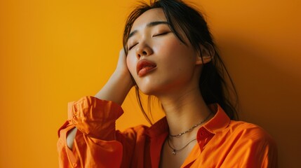 Aufkleber - A woman in an orange shirt leaning against a wall. Suitable for various themes and concepts