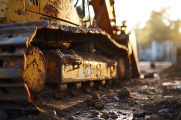 Poster - A detailed view of a bulldozer in the dirt. This image can be used to showcase construction, heavy machinery, or industrial themes