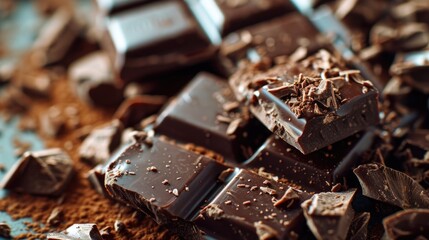 Poster - A pile of chocolate sitting on top of a table. Perfect for food lovers and dessert enthusiasts