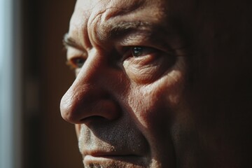 Poster - A close-up shot of a man gazing out of a window. Suitable for various themes and concepts