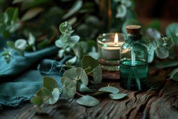 Poster - A simple composition of a candle and leaves placed on a table. This versatile image can be used for various themes and concepts