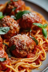 Poster - A plate of spaghetti and meatballs topped with fresh basil leaves. Perfect for Italian cuisine or food-related projects