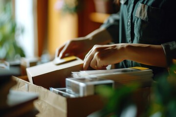 Aufkleber - Person opening a box with a remote control. Can be used to illustrate unboxing or receiving a new electronic device