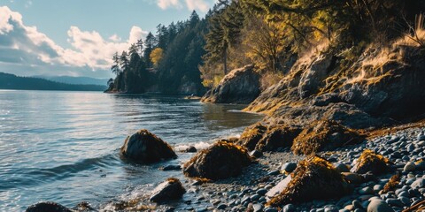 Poster - A peaceful body of water nestled amidst lush trees and rugged rocks. Perfect for adding a sense of calm and serenity to any project or design