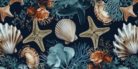 Poster - A pattern of shells and starfish on a black background. Perfect for beach-themed designs and summer-inspired projects