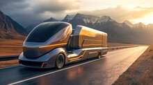 Electric Cargo Semi-trailer Truck Driving On The Highway, Transporting Goods In The Evening. Delivery And Logistics Concept For The Future. Transportation Of Goods Over Long Distances.