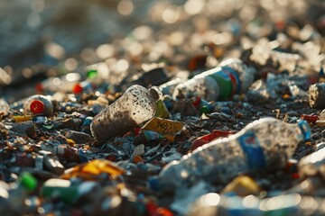 Poster - A pile of garbage on the ground. Suitable for environmental issues or waste management concepts