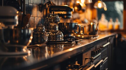Poster - A kitchen counter with various pots and pans. Ideal for illustrating a well-equipped kitchen