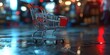 A shopping cart sitting on a wet surface. Suitable for illustrating rainy weather conditions and the concept of shopping