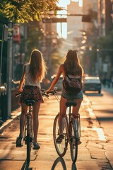 Wall Mural - Two women riding bikes down a city street. Perfect for showcasing urban cycling and active lifestyles