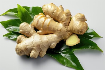 Poster - Sliced ginger placed on a leaf, perfect for culinary and natural health concept
