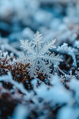 Poster - A close up view of a snowflake on a plant. Perfect for winter-themed designs and nature-related projects