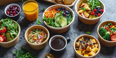 Poster - A table displaying a variety of food bowls. Perfect for food blogs, recipe websites, or restaurant menus