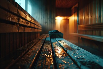 Poster - A wooden bench sitting in the middle of a room. Can be used as a furniture concept or interior design inspiration