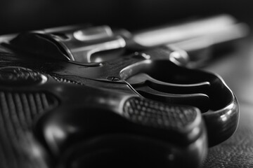 Poster - Close up of a gun resting on a table. Suitable for crime, security, or law enforcement related projects