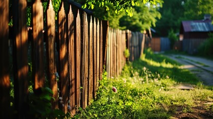 Poster - A wooden fence situated in the grass alongside a road. Perfect for adding a rustic touch to any project