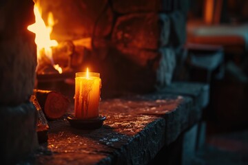 Poster - A lit candle sitting on a stone ledge. Perfect for creating a warm and cozy atmosphere.