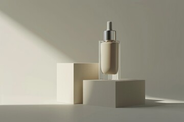 Poster - A bottle of liquid resting on top of a block. Suitable for various uses